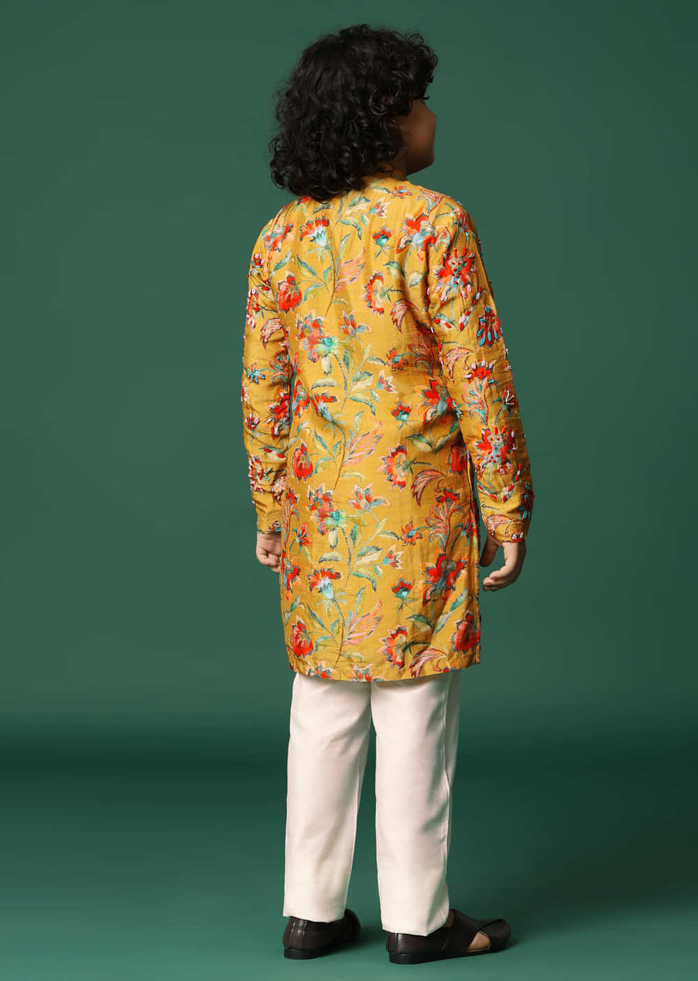 Mustard Yellow Floral Kurta Pant With Resham Work For Boys