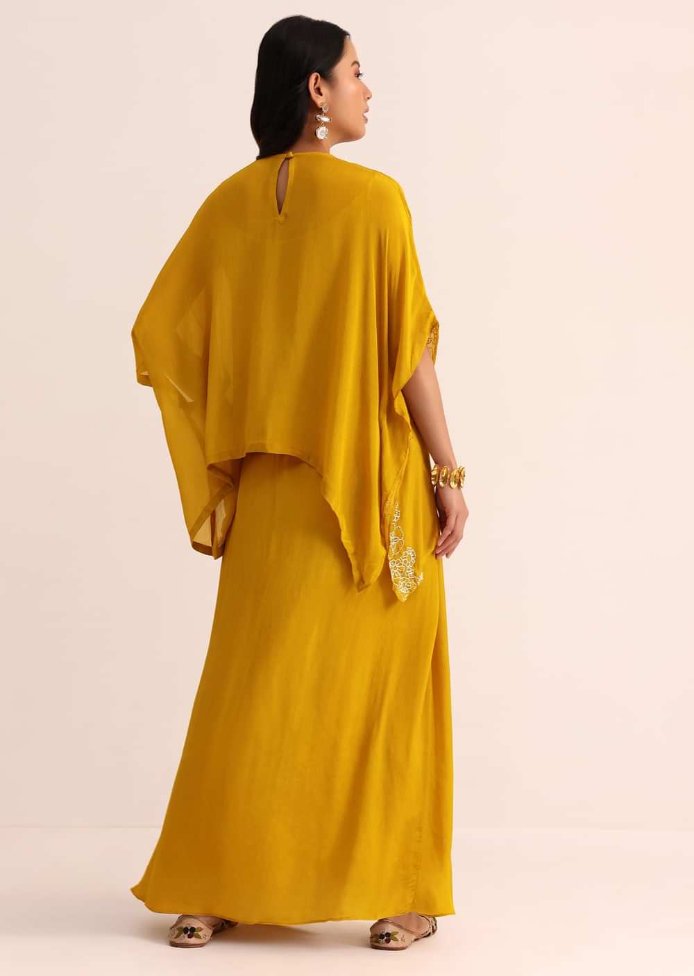 Mustard Yellow Georgette Skirt And Cape In Resham Work