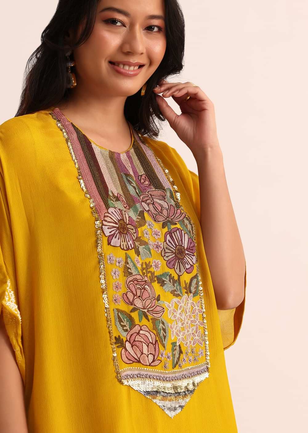 Mustard Yellow Georgette Skirt And Cape In Resham Work