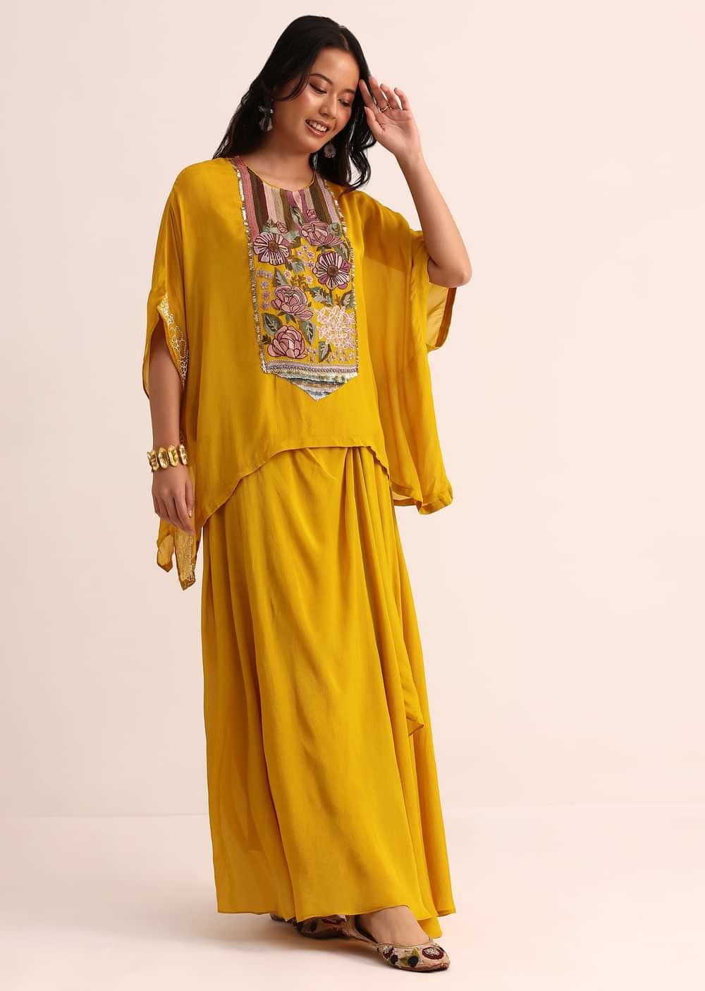 Mustard Yellow Georgette Skirt And Cape In Resham Work