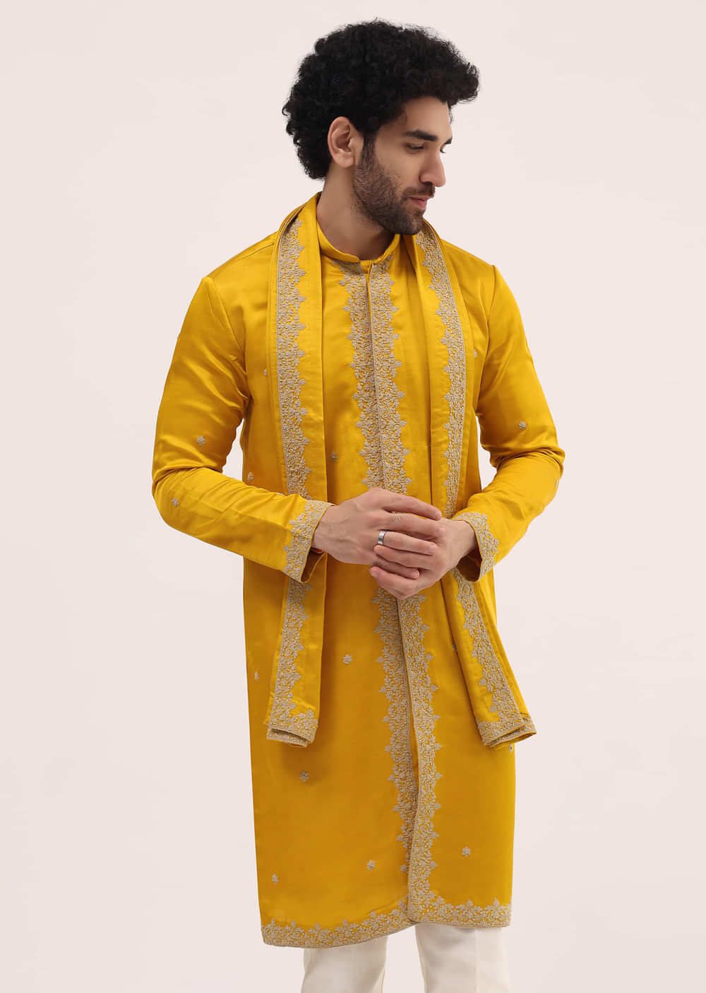 Mustard Yellow Kurta Set In Resham Work With Dupatta For Men