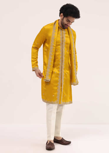 Mustard Yellow Kurta Set In Resham Work With Dupatta For Men