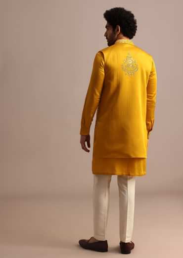 Mustard Yellow Mirror Embroidered Silk Kurta Jacket Set For Men