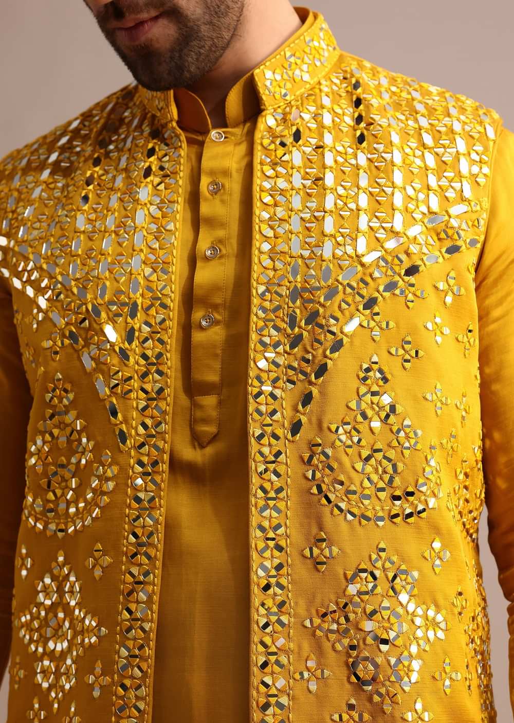 Mustard Yellow Mirror Embroidered Silk Kurta Jacket Set For Men