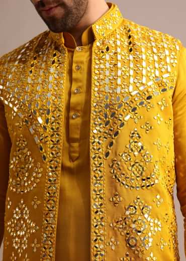 Mustard Yellow Mirror Embroidered Silk Kurta Jacket Set For Men