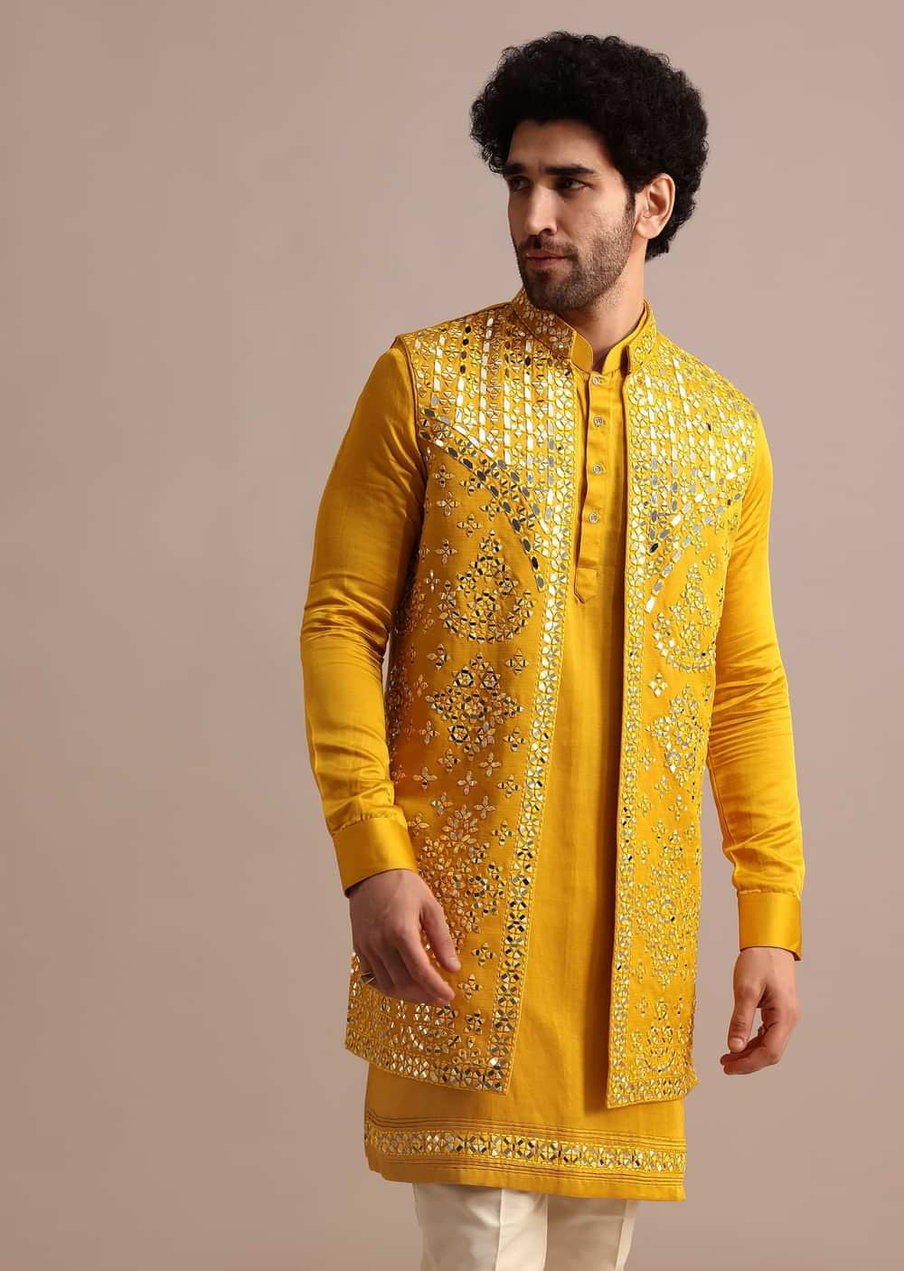 Mustard Yellow Mirror Embroidered Silk Kurta Jacket Set For Men