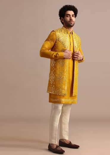 Mustard Yellow Mirror Embroidered Silk Kurta Jacket Set For Men