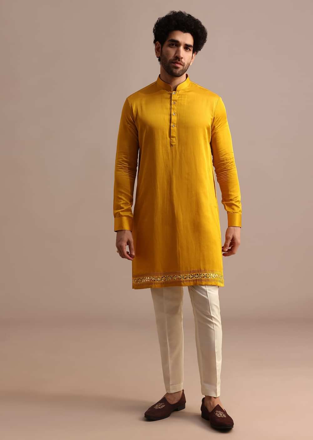Mustard Yellow Mirror Embroidered Silk Kurta Jacket Set For Men