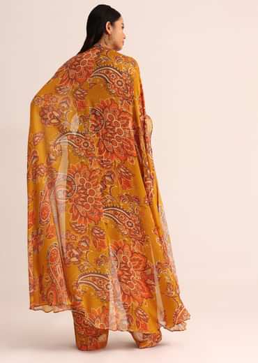 Mustard Yellow Printed Chiffon Jumpsuit