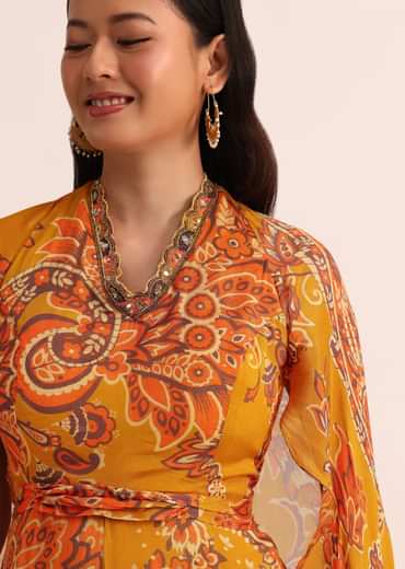 Mustard Yellow Printed Chiffon Jumpsuit