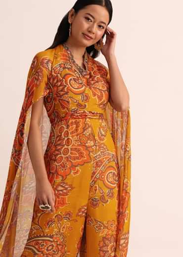 Mustard Yellow Printed Chiffon Jumpsuit