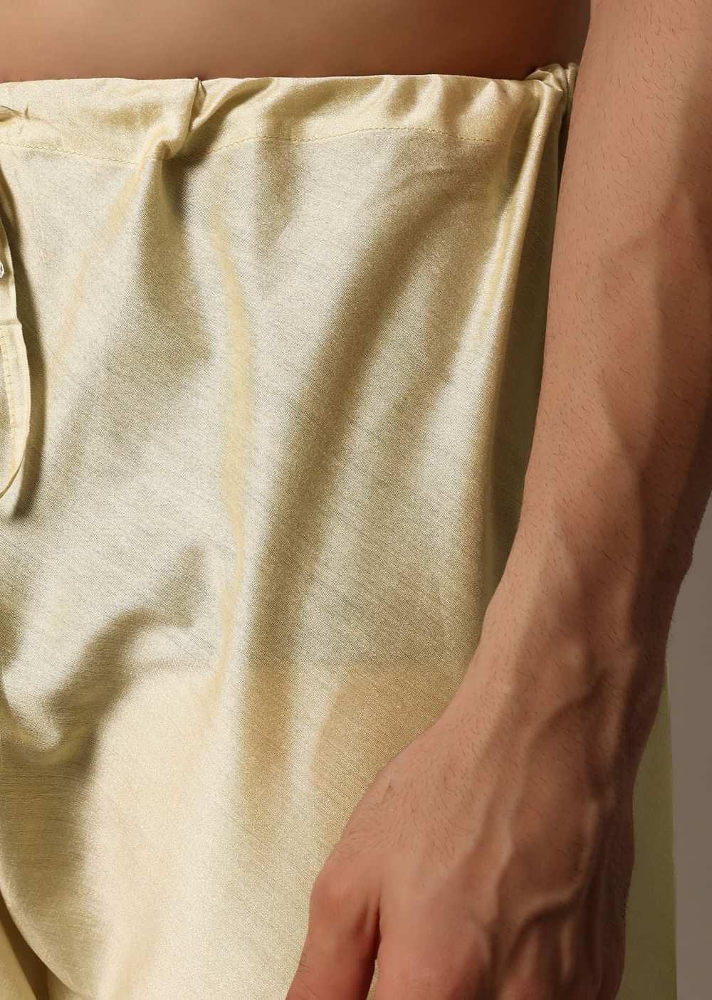 Mustard Yellow Printed Silk Kurta Set For Men