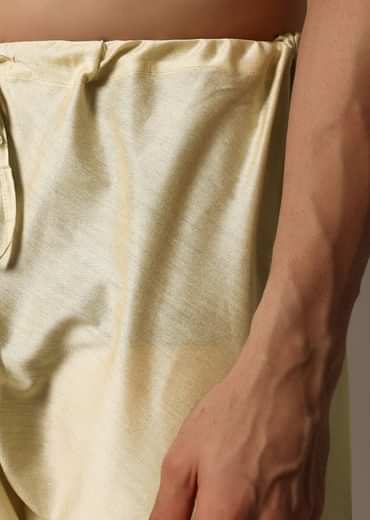 Mustard Yellow Printed Silk Kurta Set For Men