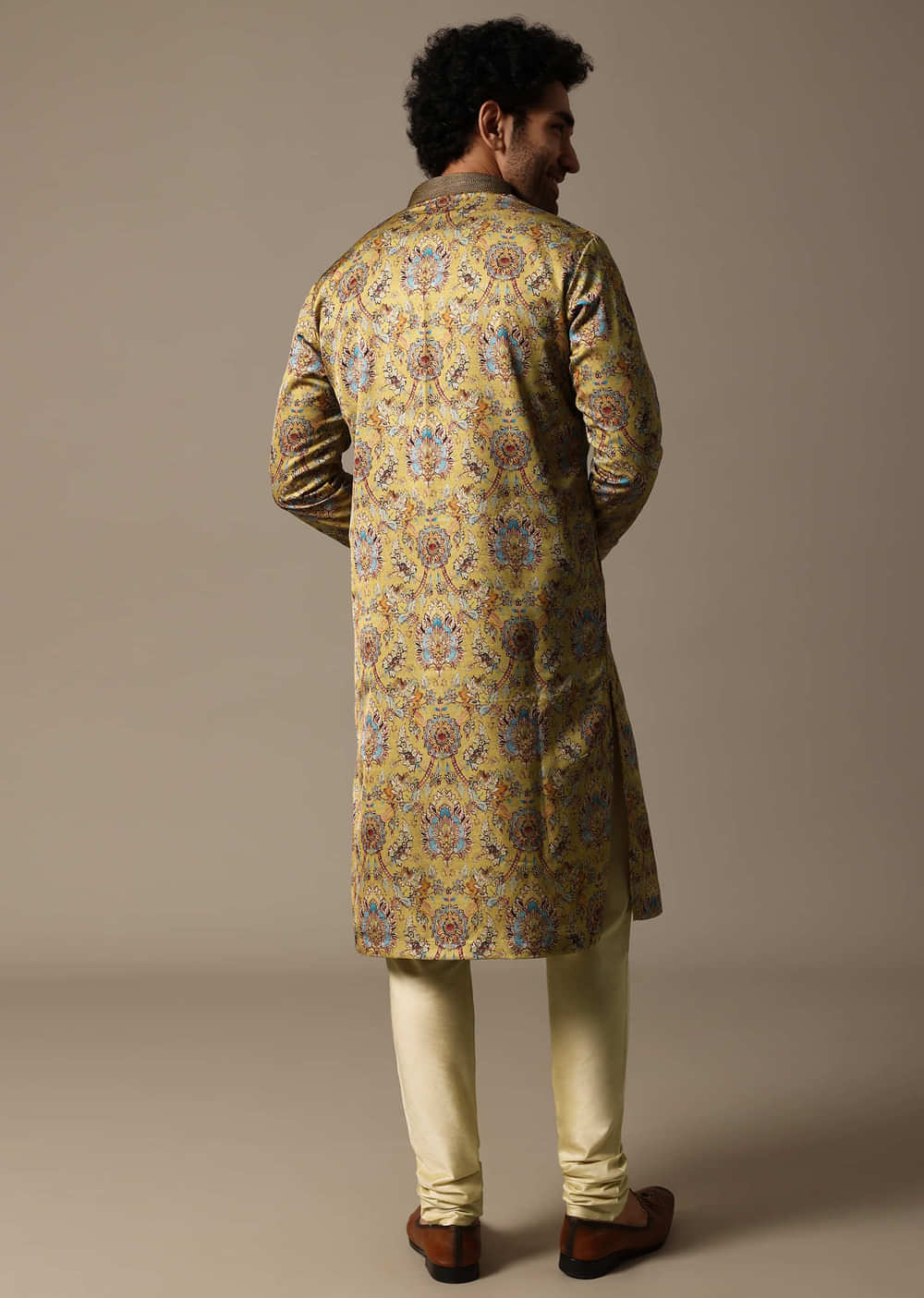 Mustard Yellow Printed Silk Kurta Set For Men