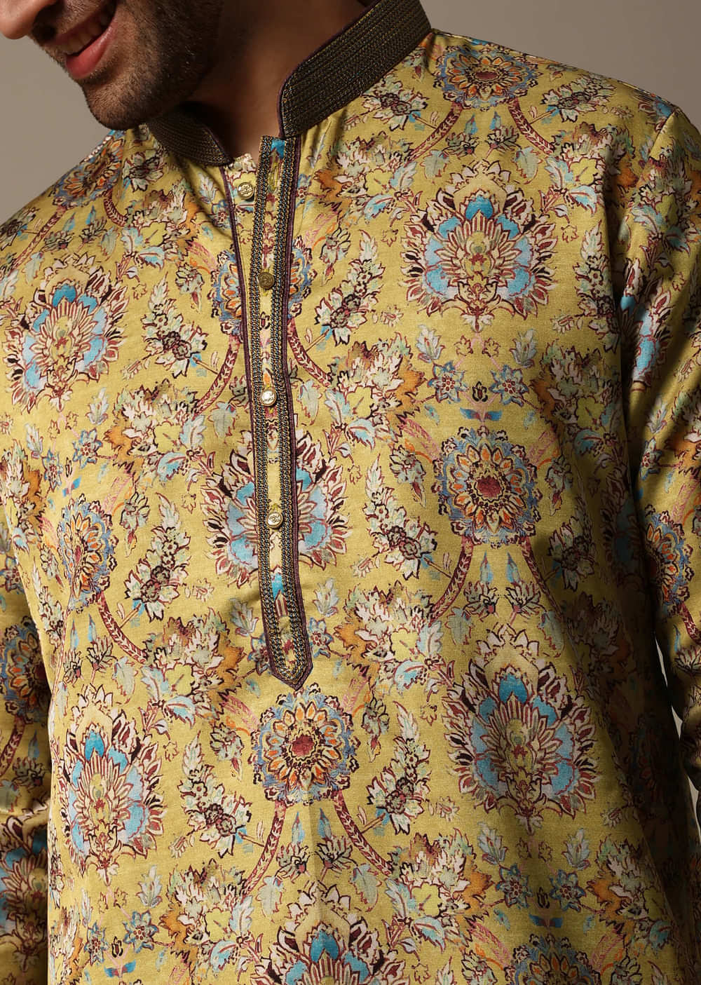 Mustard Yellow Printed Silk Kurta Set For Men