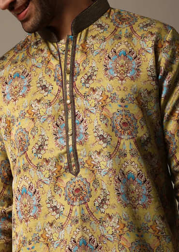 Mustard Yellow Printed Silk Kurta Set For Men
