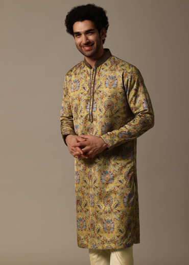 Mustard Yellow Printed Silk Kurta Set For Men