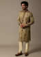 Mustard Yellow Printed Silk Kurta Set For Men