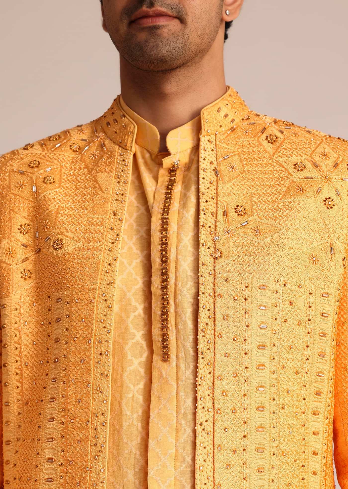 Mustard Yellow Silk Indo Western Set With Zardosi Work