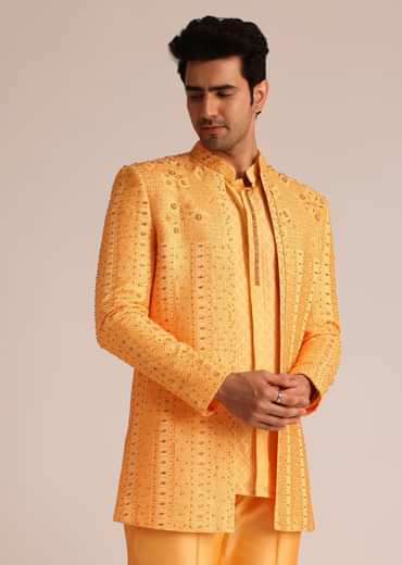Mustard Yellow Silk Indo Western Set With Zardosi Work