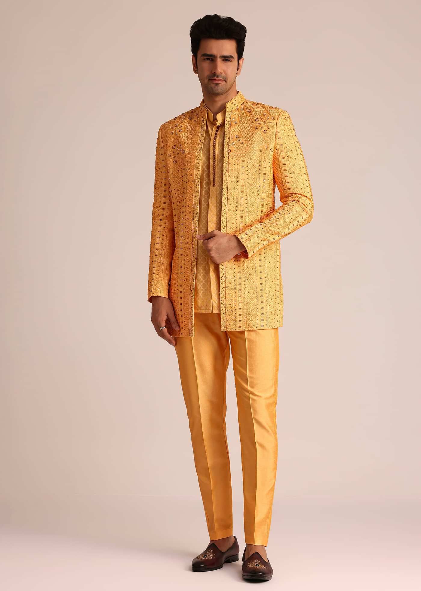 Mustard Yellow Silk Indo Western Set With Zardosi Work