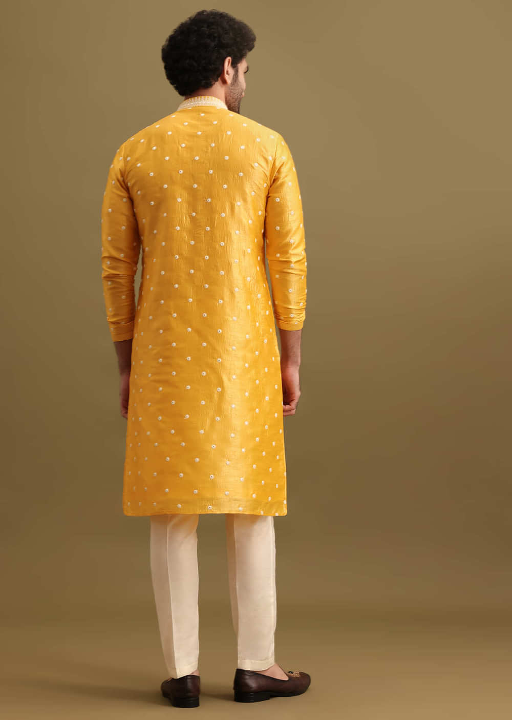 Mustard Yellow Silk Kurta Set In Resham Work For Men