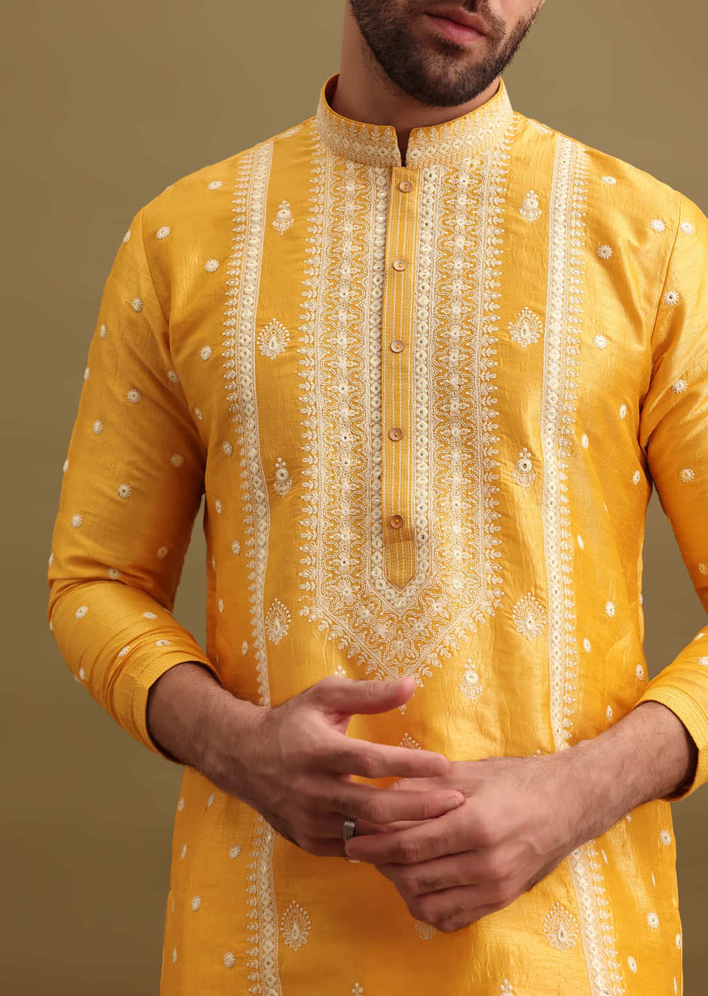 Mustard Yellow Silk Kurta Set In Resham Work For Men