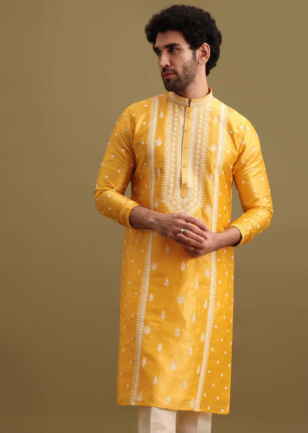 Mustard Yellow Silk Kurta Set In Resham Work For Men