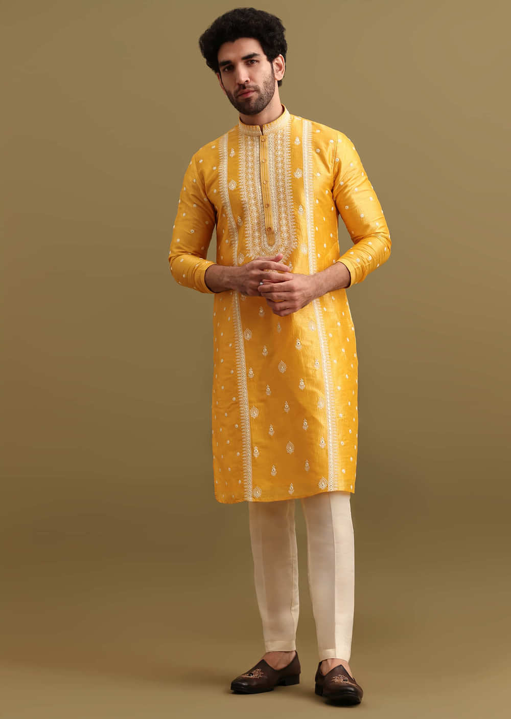 Mustard Yellow Silk Kurta Set In Resham Work For Men
