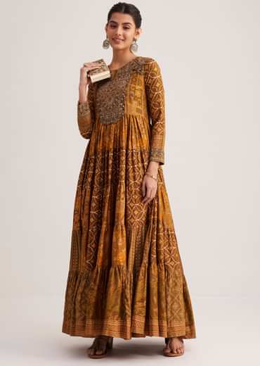 Mustard Yellow Silk Kurta With Indie Print