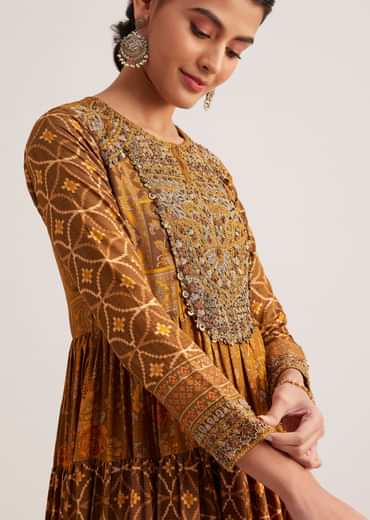 Mustard Yellow Silk Kurta With Indie Print