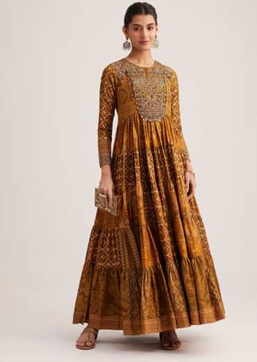 Mustard Yellow Silk Kurta With Indie Print