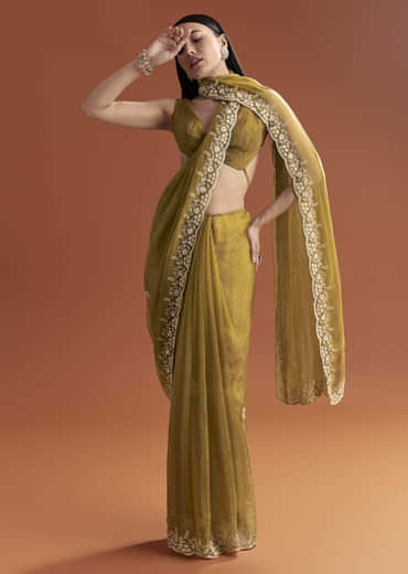 Mustard Yellow Tissue Saree With Floral Butti Embroidery