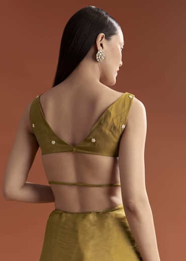 Mustard Yellow Tissue Saree With Floral Butti Embroidery