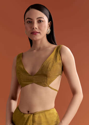 Mustard Yellow Tissue Saree With Floral Butti Embroidery