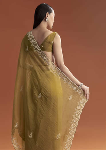 Mustard Yellow Tissue Saree With Floral Butti Embroidery