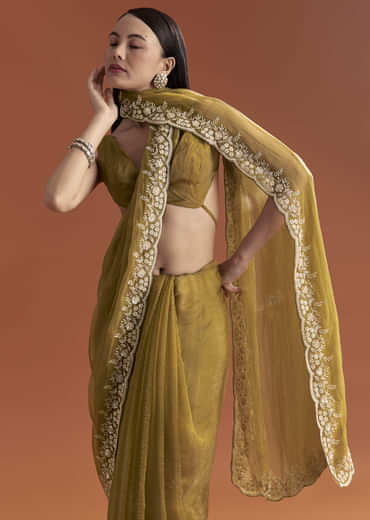 Mustard Yellow Tissue Saree With Floral Butti Embroidery