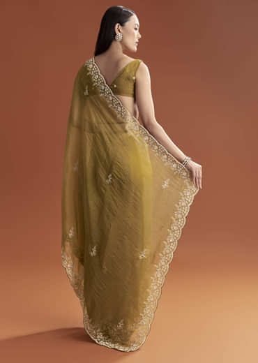 Mustard Yellow Tissue Saree With Floral Butti Embroidery