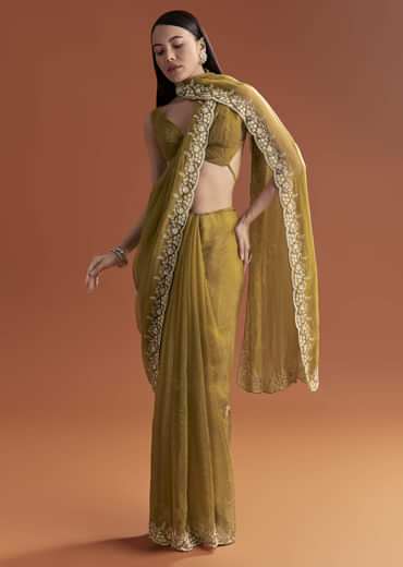 Mustard Yellow Tissue Saree With Floral Butti Embroidery