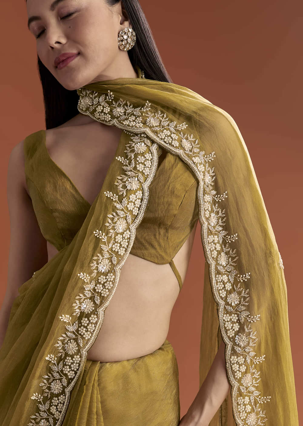 Mustard Yellow Tissue Saree With Floral Butti Embroidery