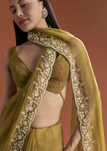 Mustard Yellow Tissue Saree With Floral Butti Embroidery