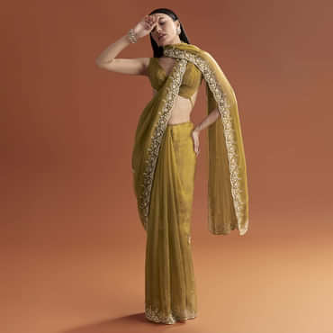 Mustard Yellow Tissue Saree With Floral Butti Embroidery