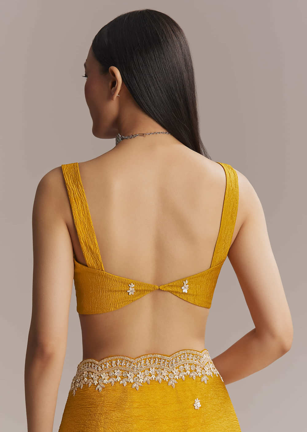 Mustard Yellow Tissue Saree With Scallop Border Embroidery
