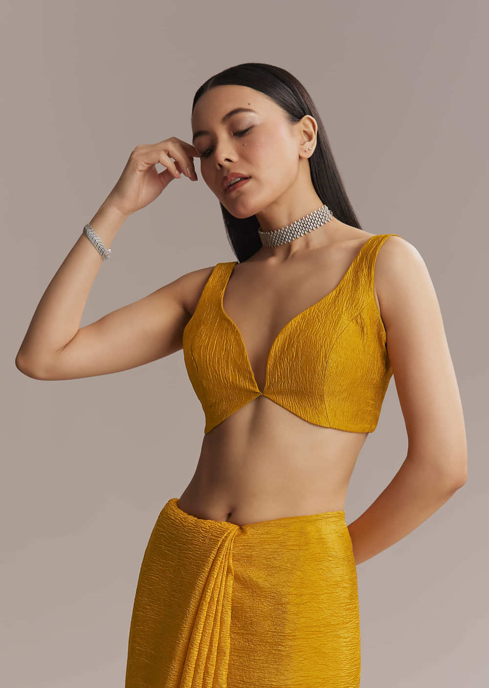 Mustard Yellow Tissue Saree With Scallop Border Embroidery