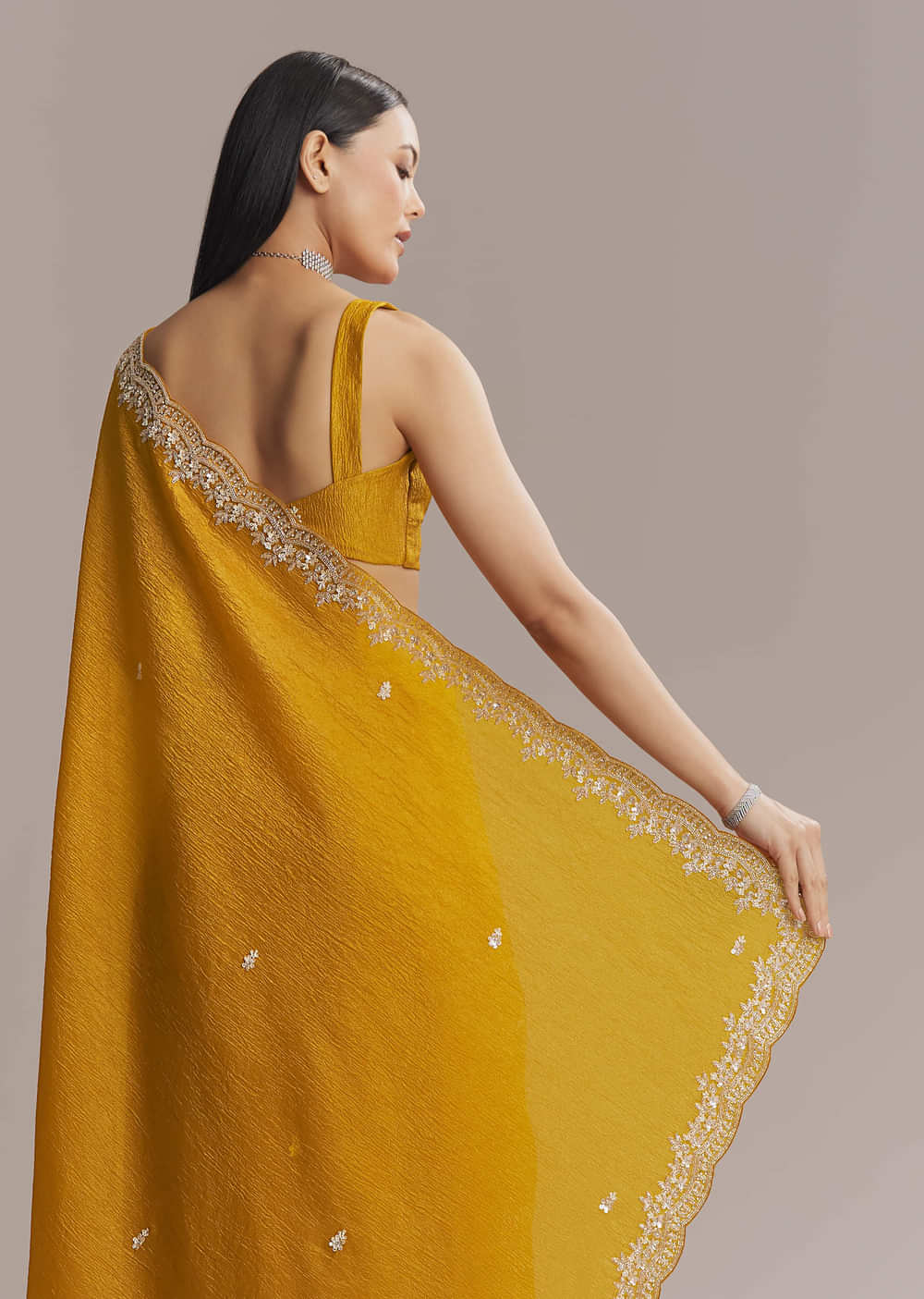 Mustard Yellow Tissue Saree With Scallop Border Embroidery