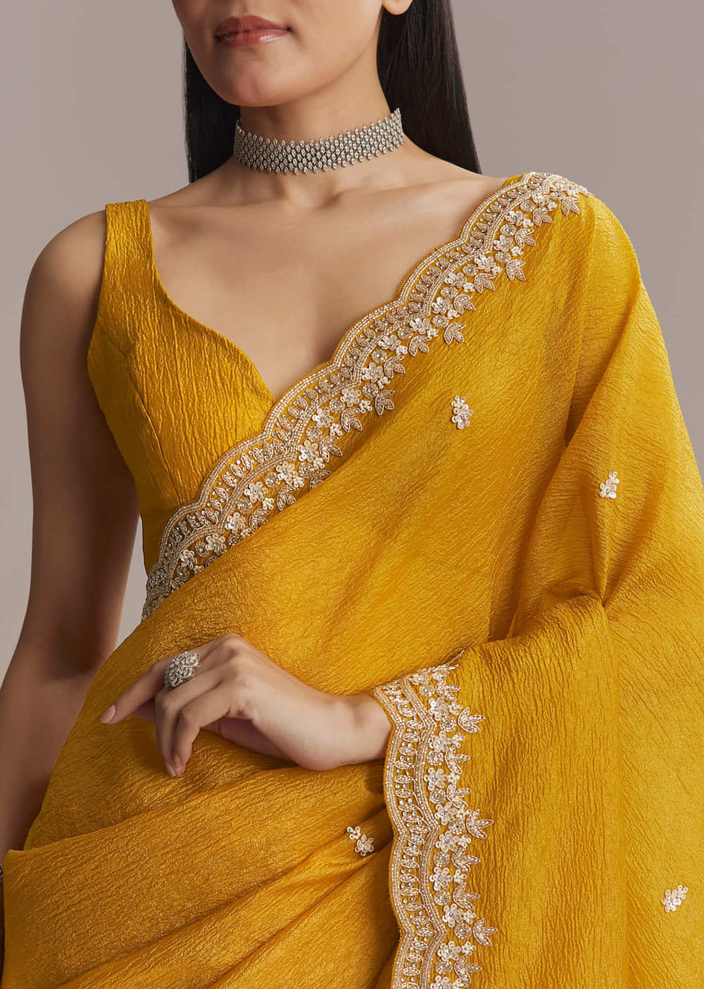 Mustard Yellow Tissue Saree With Scallop Border Embroidery