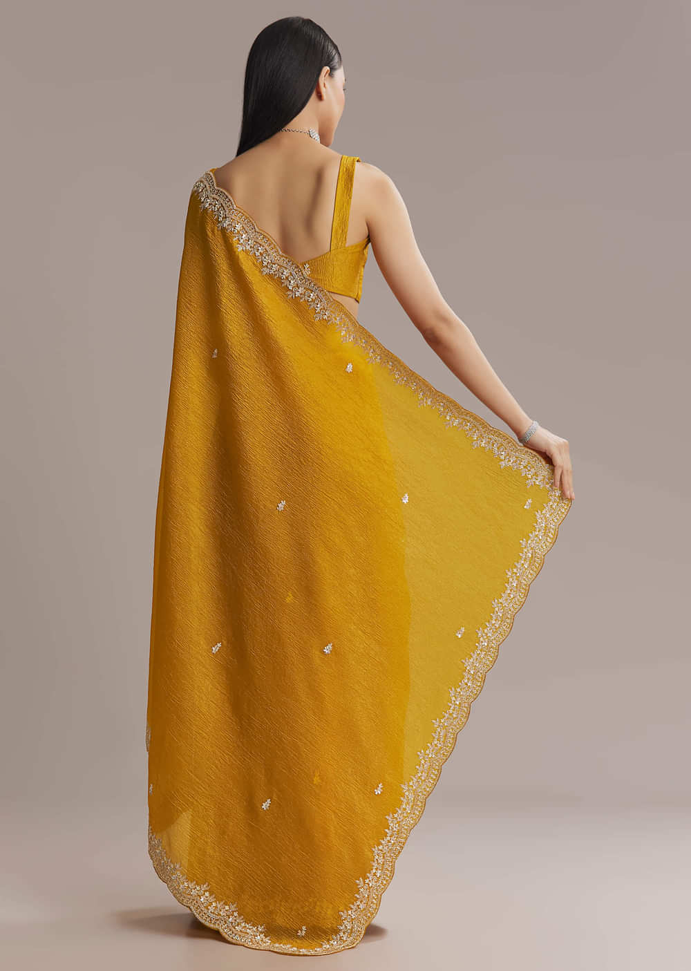 Mustard Yellow Tissue Saree With Scallop Border Embroidery