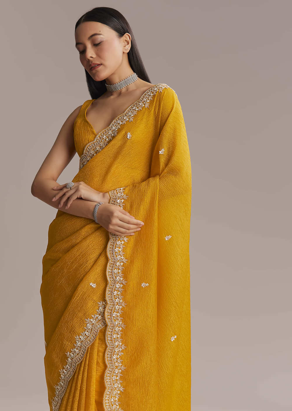 Mustard Yellow Tissue Saree With Scallop Border Embroidery