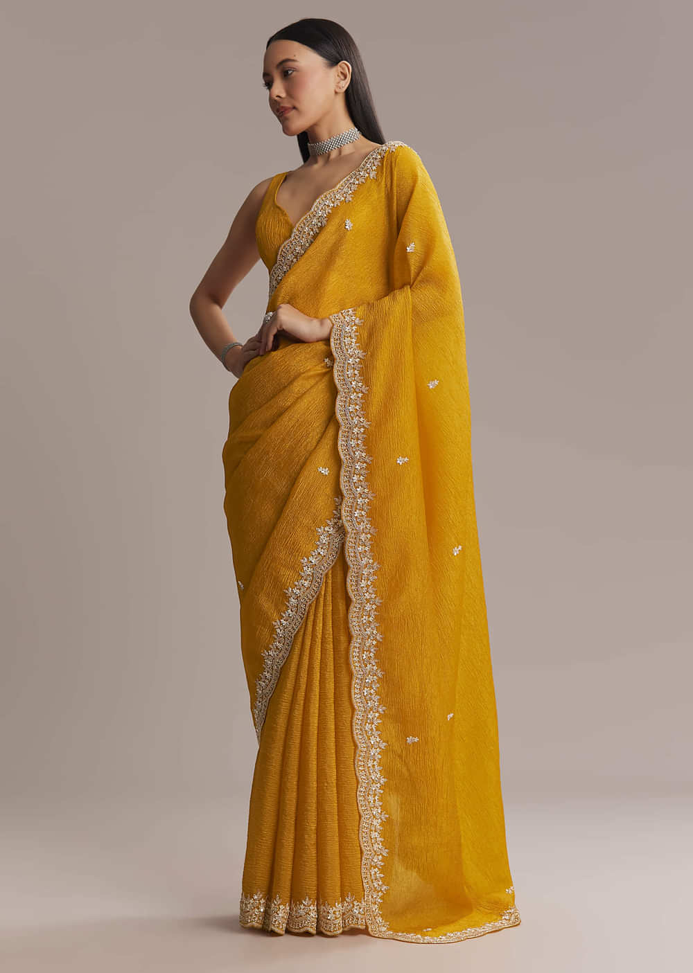 Mustard Yellow Tissue Saree With Scallop Border Embroidery