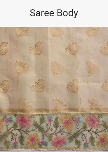 Mustard Yellow Tissue Silk Saree With Floral Resham Embroidery